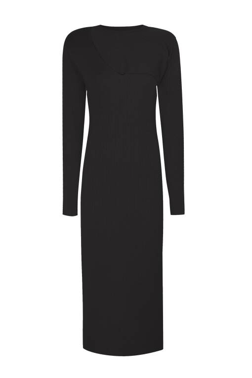 Siyah Ripli Uzun Triko Elbise - 6