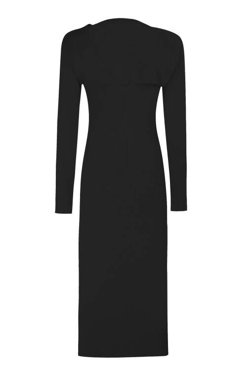 Siyah Ripli Uzun Triko Elbise - 7
