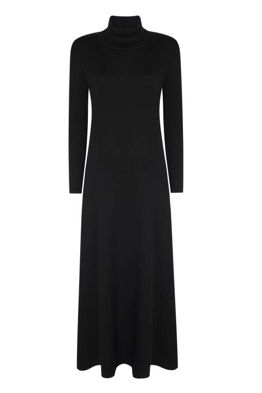 Boğazlı Siyah Triko Elbise - 6