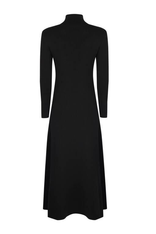 Boğazlı Siyah Triko Elbise - 7