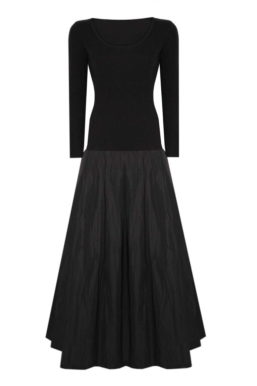 Siyah Kontrast Kumaşlı Uzun Elbise - 5