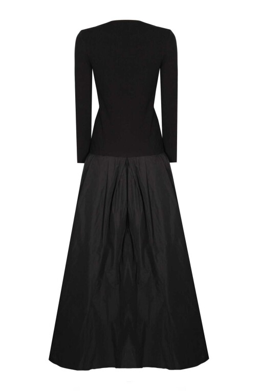 Siyah Kontrast Kumaşlı Uzun Elbise - 6