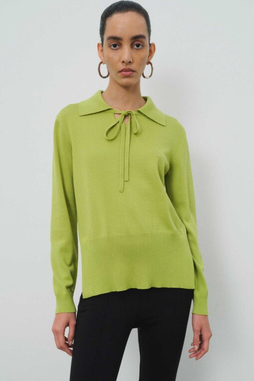 Green Polo Collar Sweater with Tie Front - 2