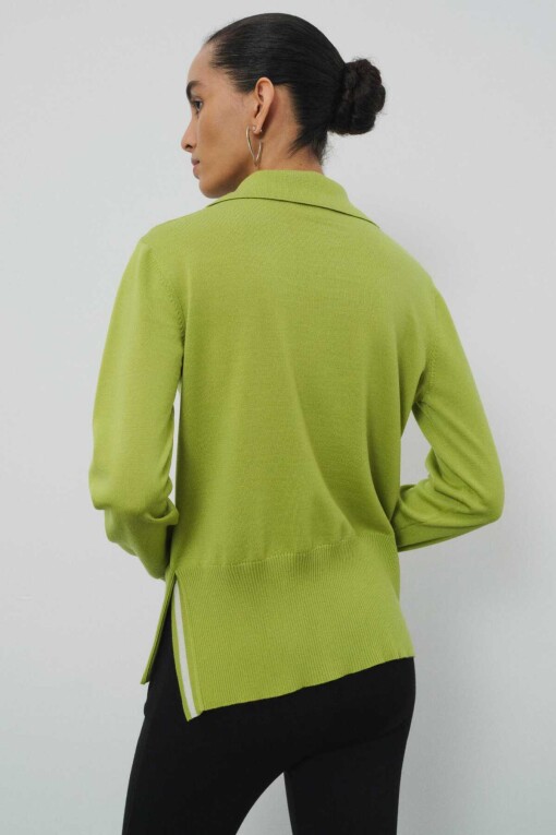 Green Polo Collar Sweater with Tie Front - 5
