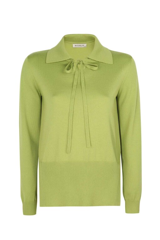 Green Polo Collar Sweater with Tie Front - 6