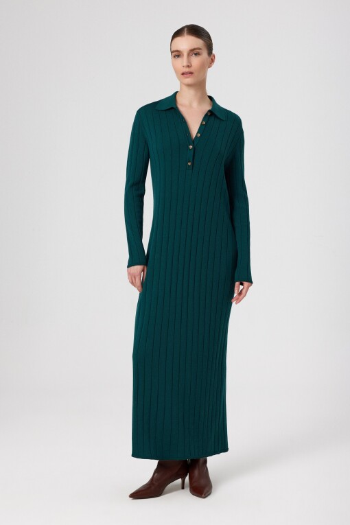 Green Polo Collar Ribbed Long Dress 