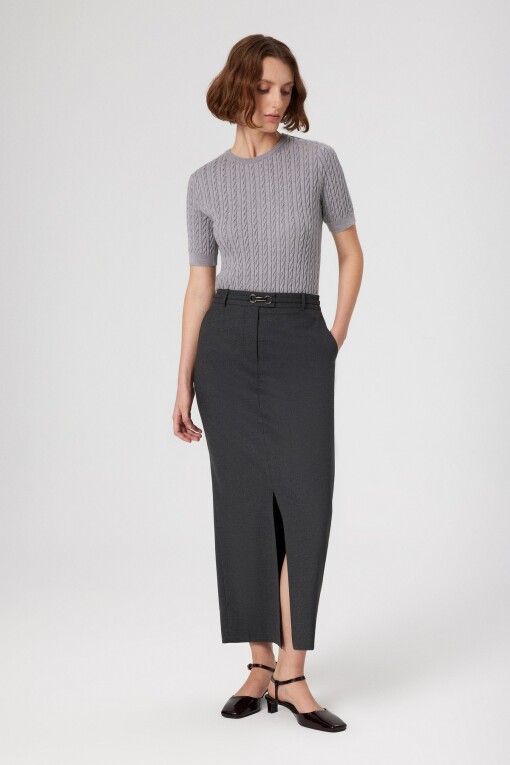 Grey Slit Front Long Skirt 