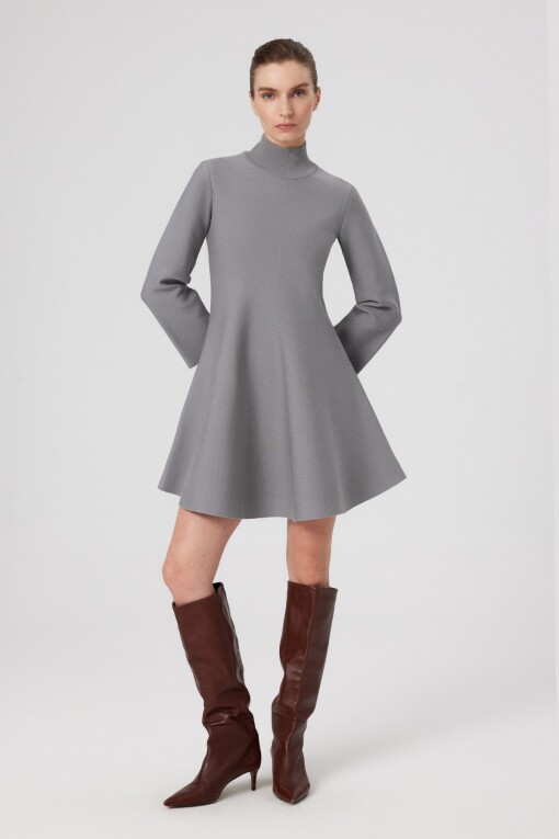 Grey Turtleneck Mini Flared Dress 