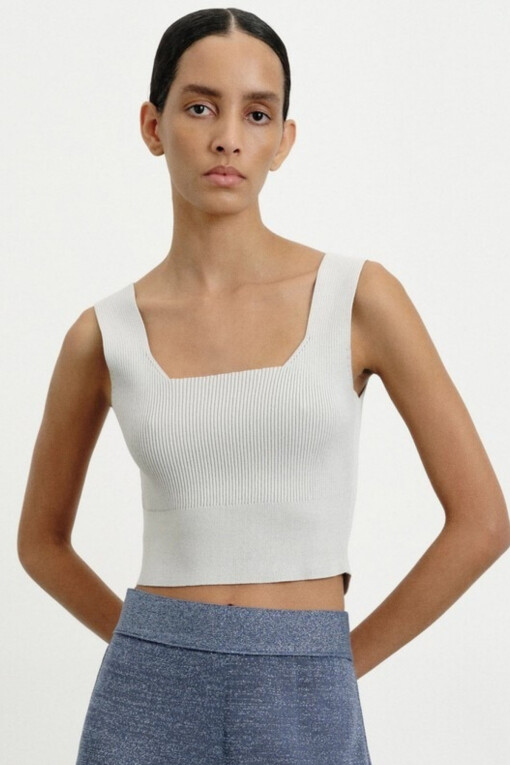 Kare Yaka Gri Triko Crop Top - 1