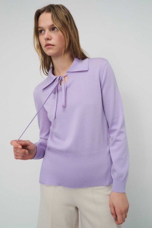 Lilac Polo Collar Sweater with Tie Front 