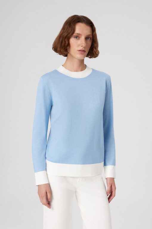 Light Blue and White Cuffed Long Sleeve Women's Sweater 