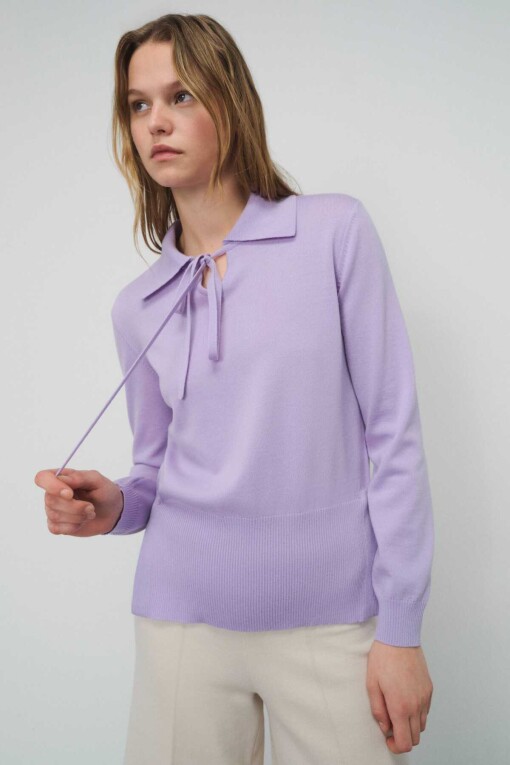 Lilac Front-Tied Polo Collar Women's Sweater 