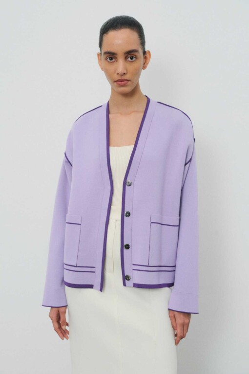 Lilac Pocket Detailed Striped Women's Cardigan 