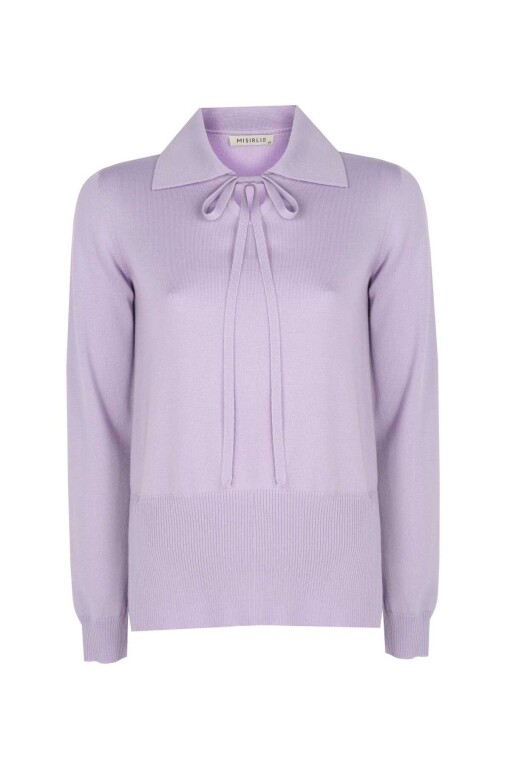 Lilac Polo Collar Sweater with Tie Front - 5