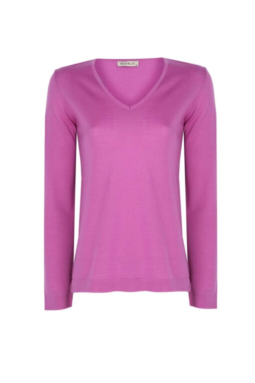 Mauve Color Long Sleeve V-Neck Sweater - 3