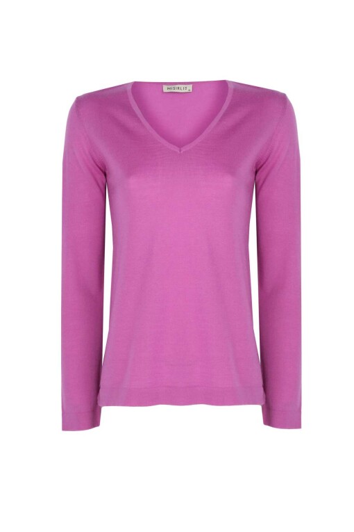 Mauve Color Long Sleeve V-Neck Sweater - 4