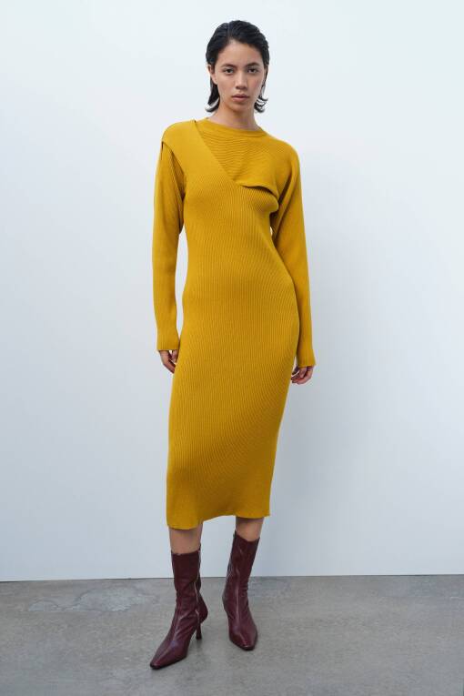 Mustard Color Long Knitwear Dress - 1