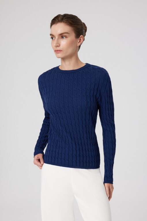 Navy Crew Neck Cable Knit Women's Sweater 