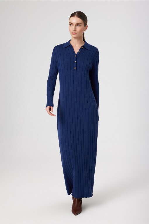 Navy Polo Collar Ribbed Long Dress 