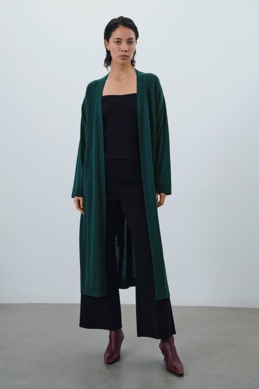 Nefti Green Open Front Long Cardigan with Tie Waist 