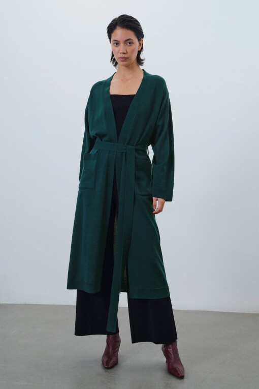 Nefti Green Open Front Long Cardigan with Tie Waist - 2