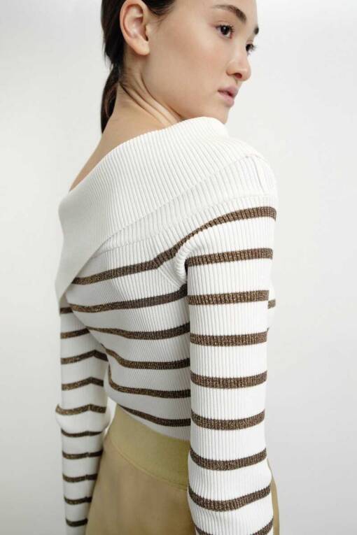 Off Shoulder Ecru Sweater with Glitter Detail - 4