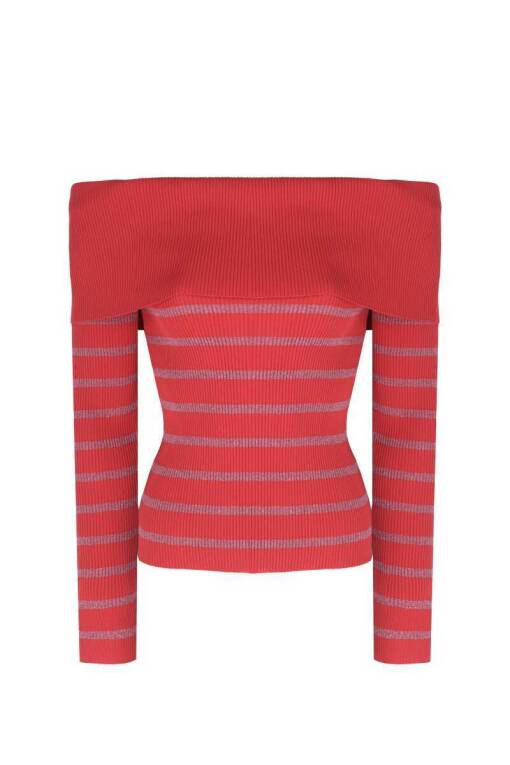 Off Shoulder Red Sweater with Glitter Detail - 5