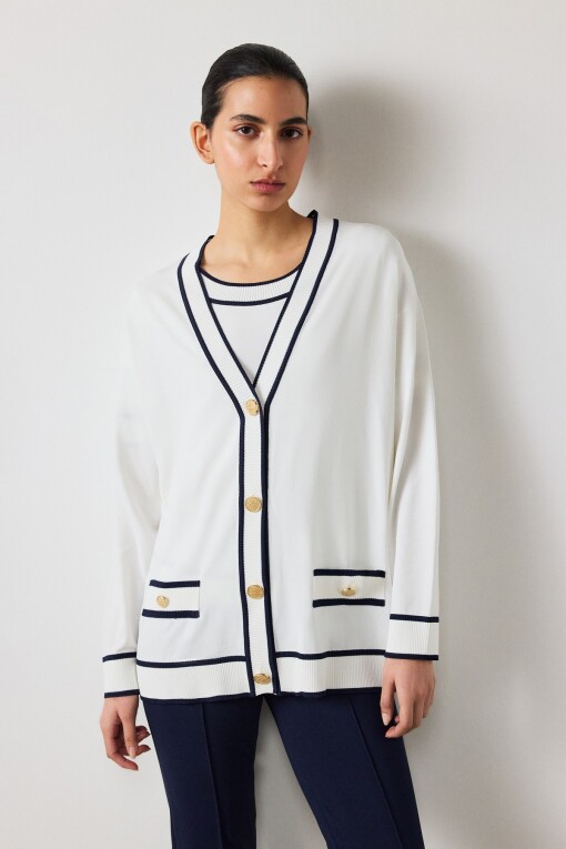 Ecru Navy Striped V-Neck Women's Cardigan 