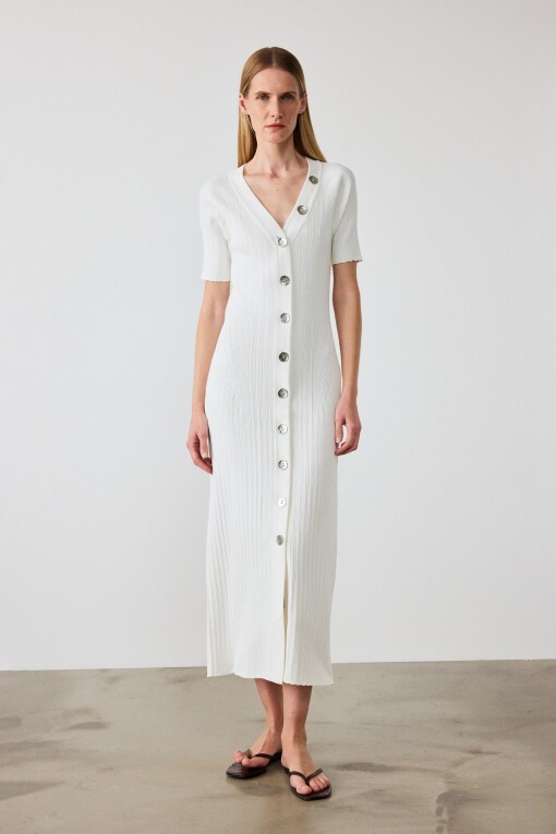 Ecru V-Neck Button-Down Long Dress 