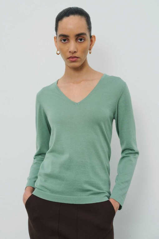 Olive Green Long Sleeve V-Neck Sweater - 1