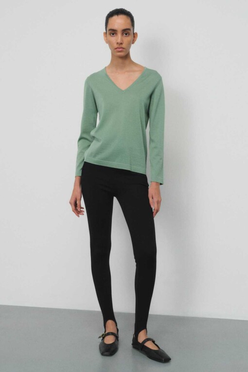 Olive Green Long Sleeve V-Neck Sweater - 2