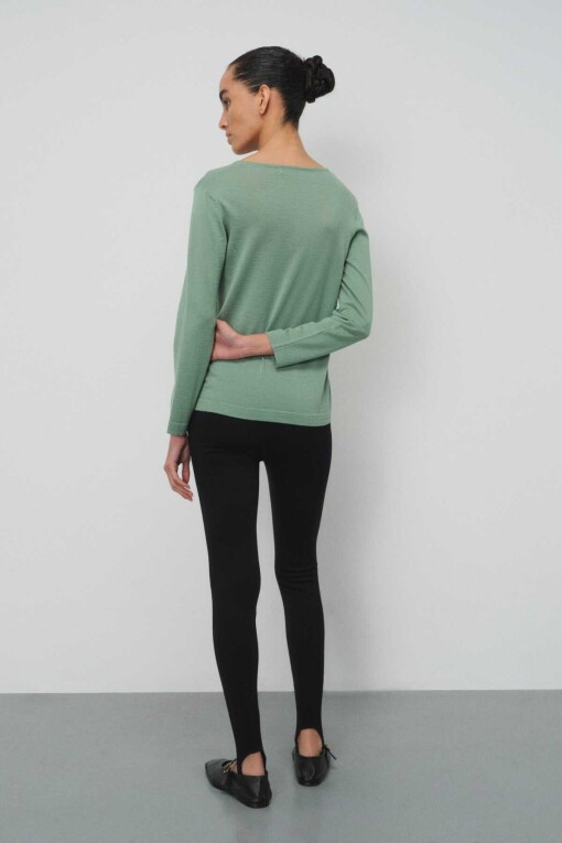 Olive Green Long Sleeve V-Neck Sweater - 3