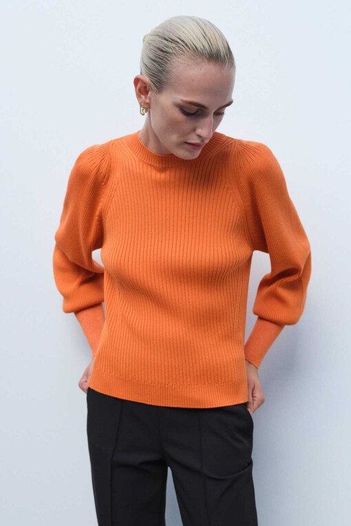 Orange Ribbed Crew Neck Women's Sweater 