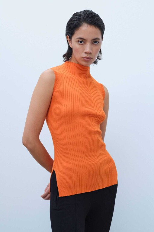 Orange Slit Detail Sleeveless Knit Blouse 