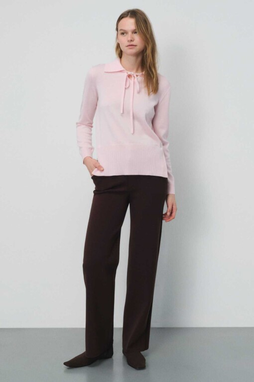 Pink Polo Collar Sweater with Tie Front 