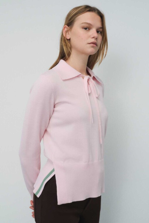 Pink Polo Collar Sweater with Tie Front - 2