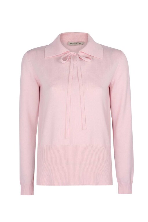 Pink Polo Collar Sweater with Tie Front - 4