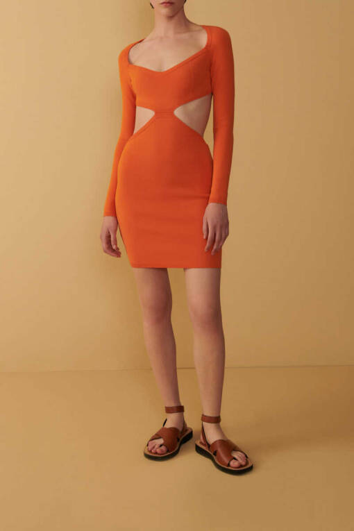 Orange Cutout Long Sleeve Dress - 1