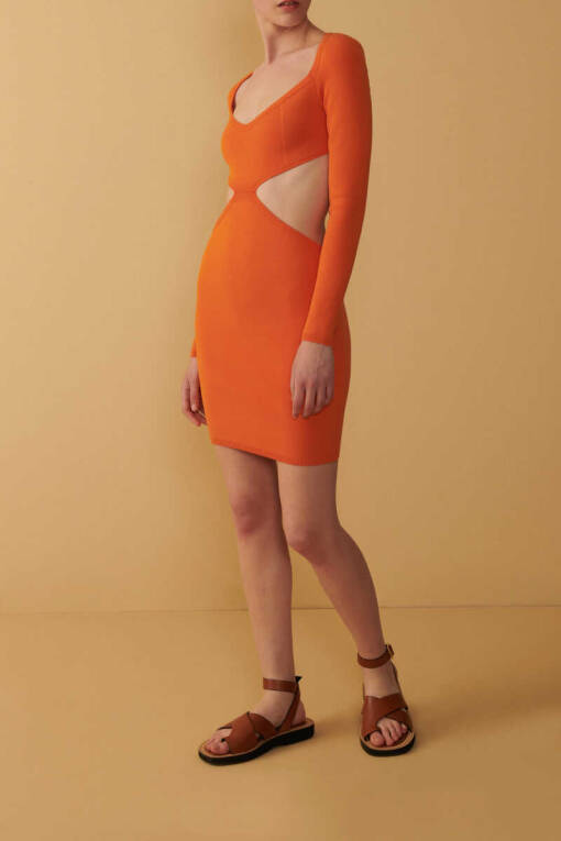 Orange Cutout Long Sleeve Dress - 2