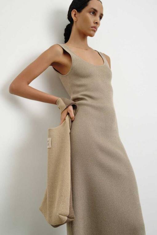 Beige Dress with Thick Straps and Glitter Detail - 3