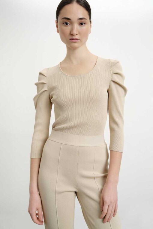 Beige Knit Sweater with Shoulder Detail - 1