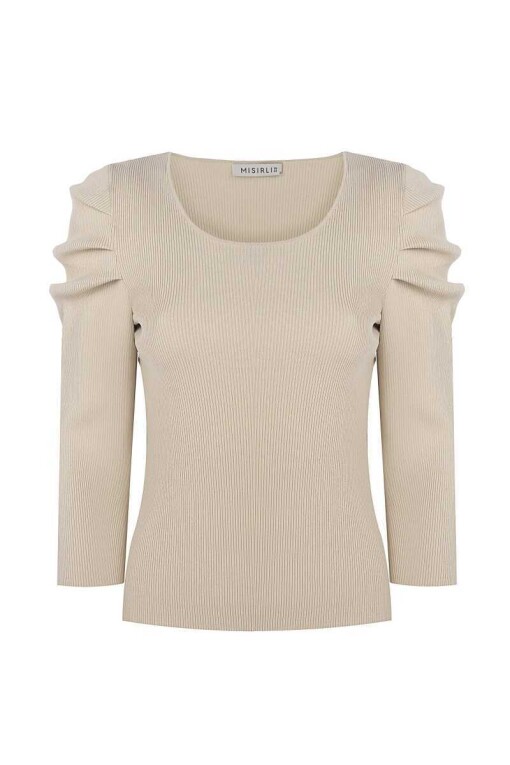 Beige Knit Sweater with Shoulder Detail - 3
