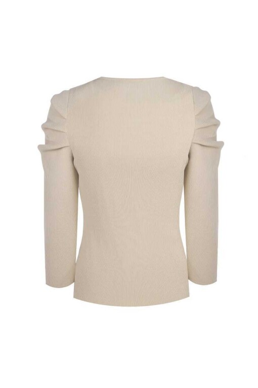 Beige Knit Sweater with Shoulder Detail - 4