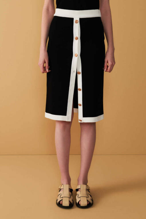 Black Front Button Knitwear Skirt - 1