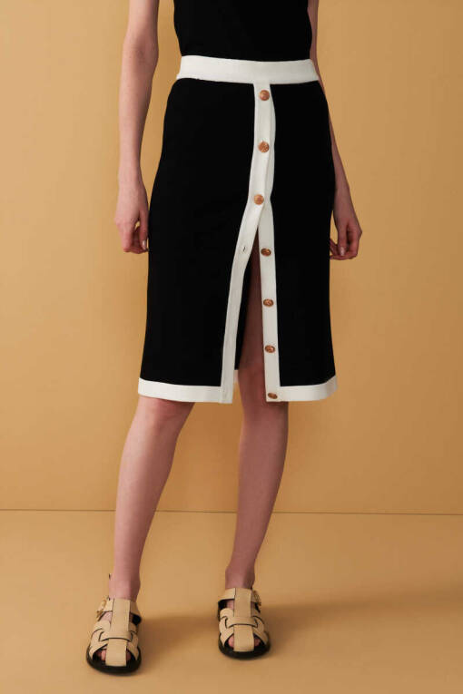 Black Front Button Knitwear Skirt - 2