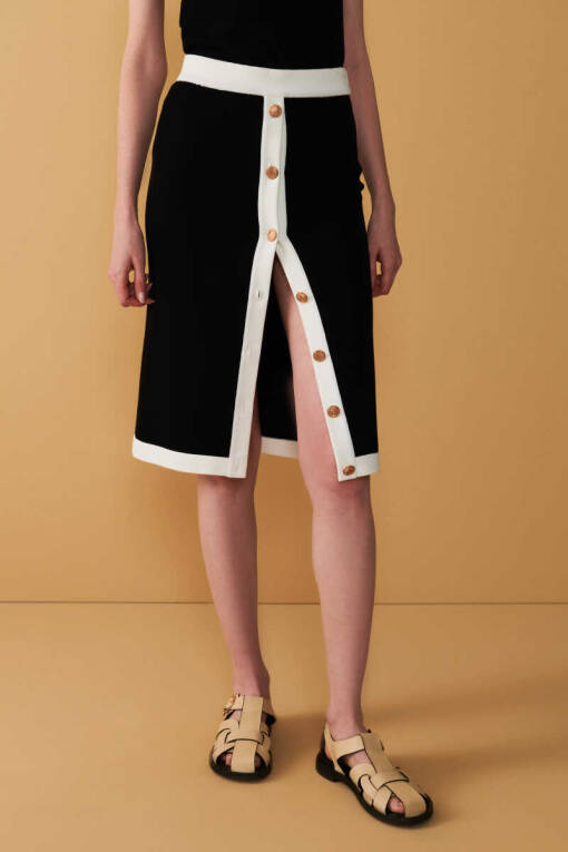 Black Front Button Knitwear Skirt - 3