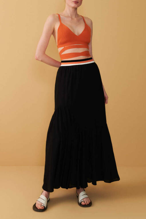 Black Knitwear Long Skirt with Belt - 1