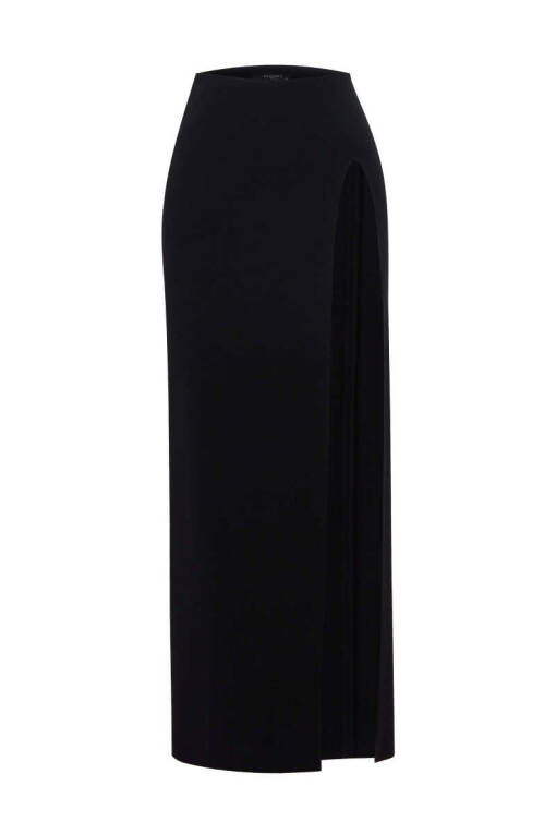 Black Knitwear Skirt with Deep Slits - 4