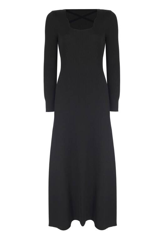 Black Long Knitwear Dress with Collar Detail - 4