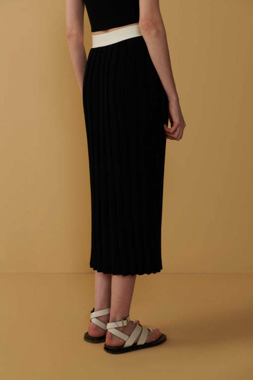 Button Slit Striped Black Skirt - 2
